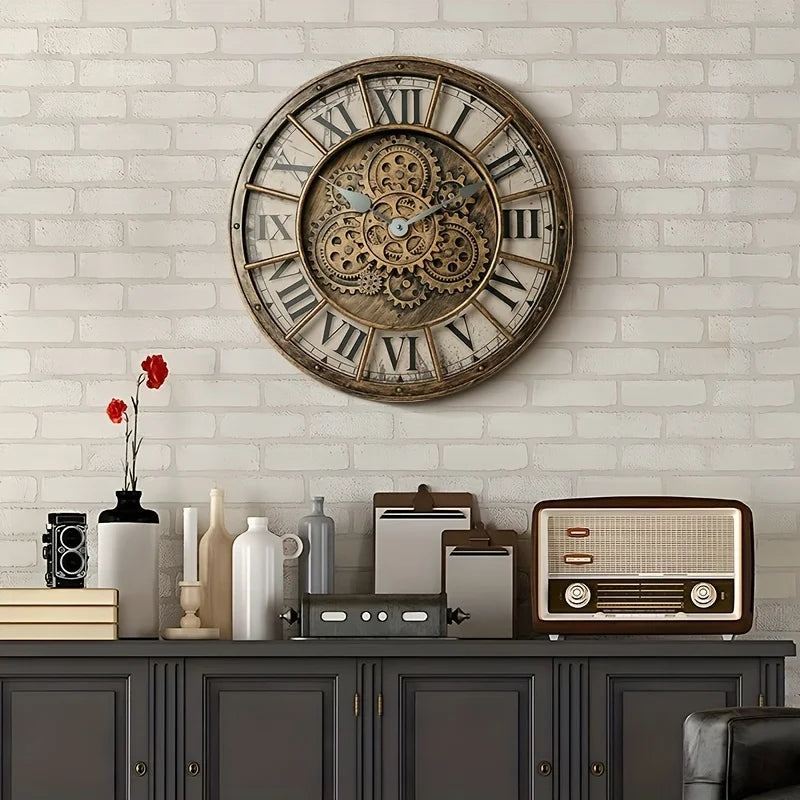 Steampunk-Wanduhr mit echten beweglichen Zahnrädern im Industrie-Stil für Wohnzimmer und Büro – 46 × 46 cm, römische Ziffern, 4 Ausführungen