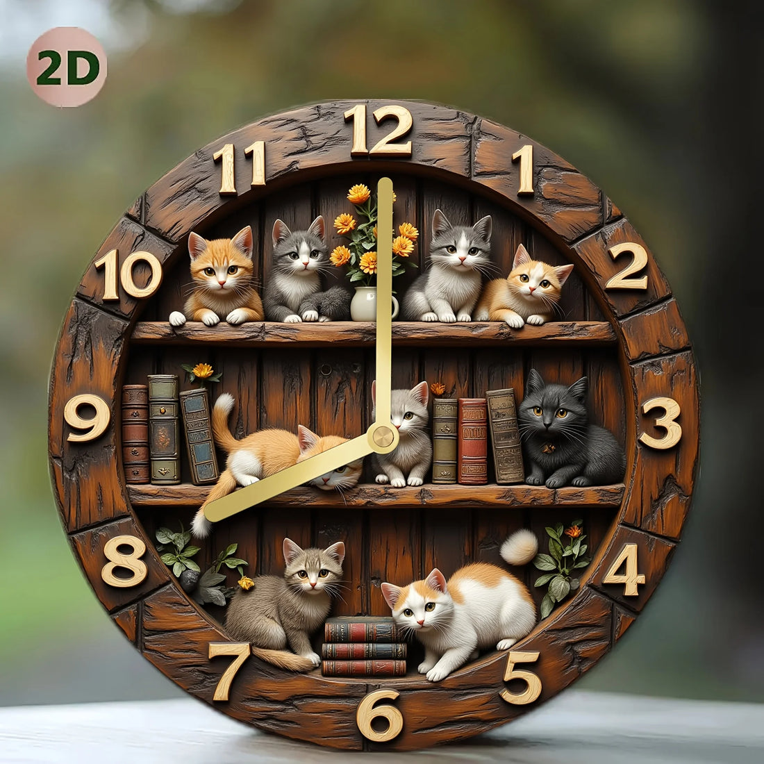Geräuschlose Wanduhr aus Holz mit Kätzchen- und Bücherregal-Motiv als Raumdekoration – ca. 25 × 25 oder 30 × 30 cm, gelbe Zeiger, arabische Ziffern