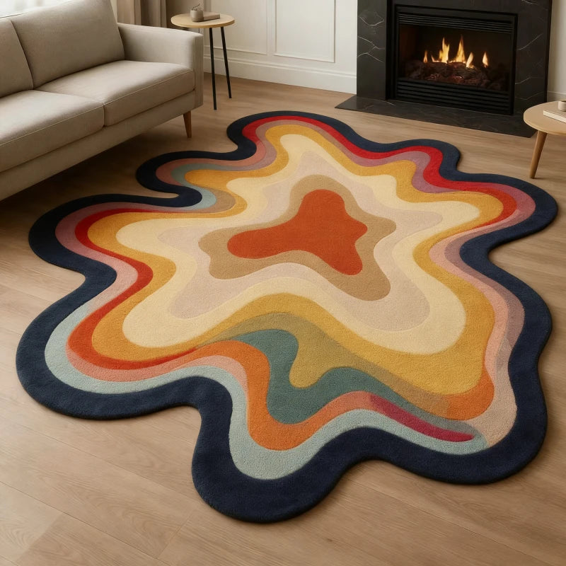 Bunter Teppich in Dopamin-Farben mit abstraktem Wellenmotiv für Schlafzimmer und Wohnzimmer – 80 × 80 bis 300 × 300 cm, unregelmäßige Form, 11 Motive