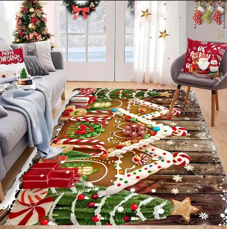 Weihnachtsteppich mit Lebkuchenhaus-Motiv für Wohnzimmer und Schlafzimmer – 40 × 60 bis 120 × 160 cm, rechteckig, Flanell, rutschfest, 4 Motive