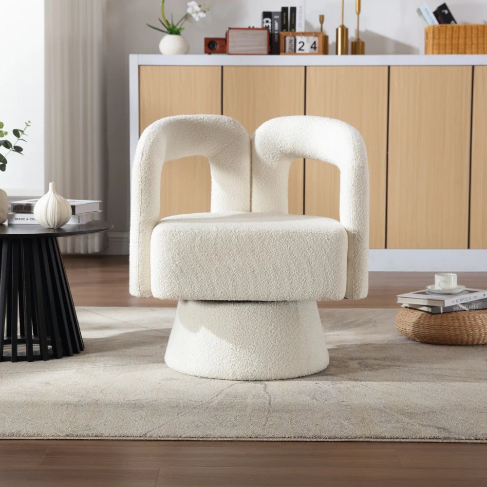 Drehbarer Bouclé-Sessel mit runder Form und breiten Armlehnen für Wohnzimmer und Schlafzimmer – 360° drehbar, 67 × 55 × 74 cm, 4 Farben
