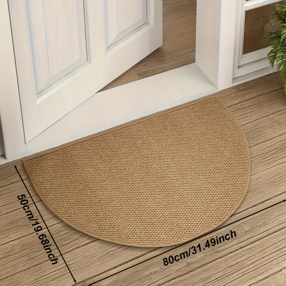Halbrunde Fußmatte in Jute-Optik für Haustür, Eingang und Bad – 40 × 60 bis 80 × 120 cm, 6–7 mm flach, rutschfeste TPR-Rückseite, waschbar, Braun