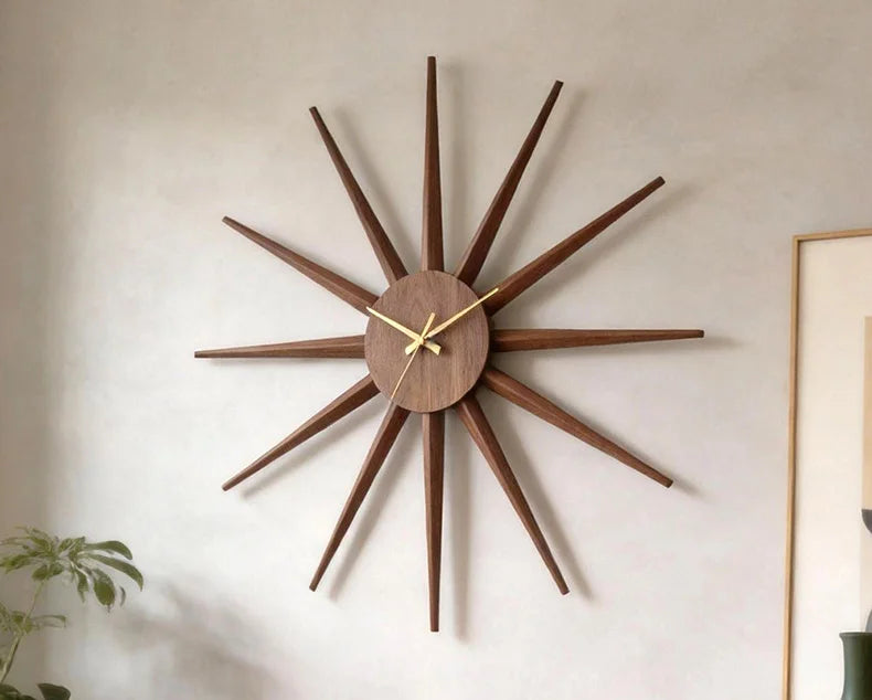 Sonnen-Wanduhr aus Walnussholz mit 12 Speichen im Mid-Century-Stil für Wohnzimmer und Eingangsbereich – 72 × 72 cm, lautlos, 2 Ausführungen