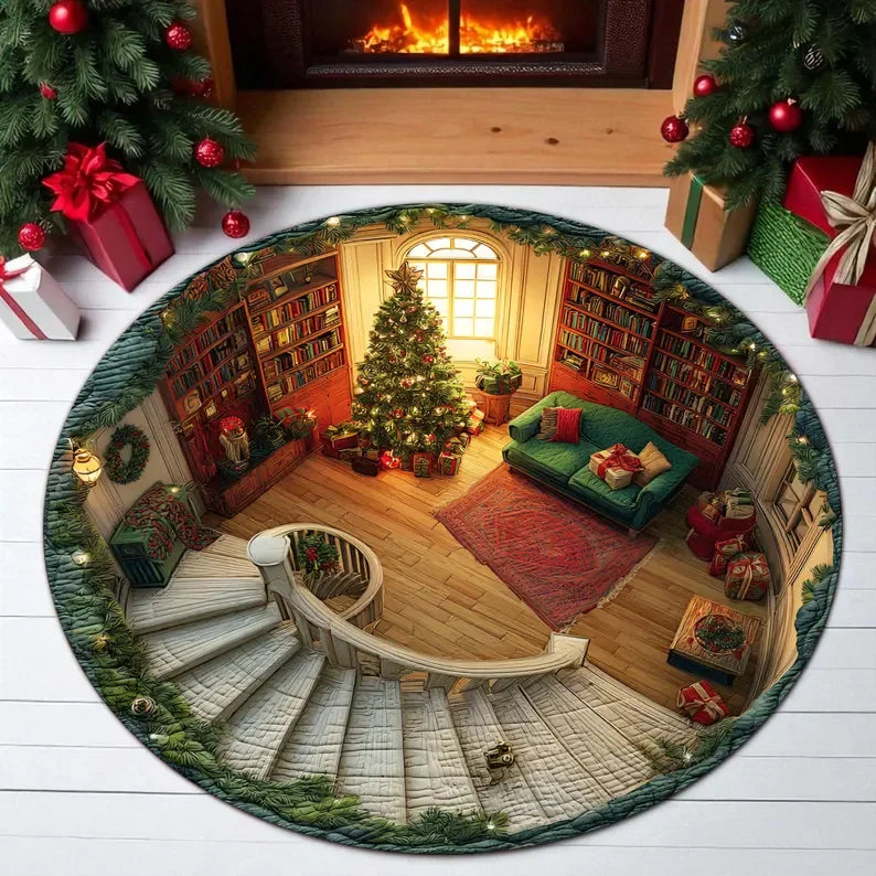 Runder Weihnachtsteppich mit Weihnachtsmann in 3D-Optik für Wohnzimmer und Eingang – Ø 40 bis 120 cm, Flanell, rutschfest, waschbar, 8 Motive