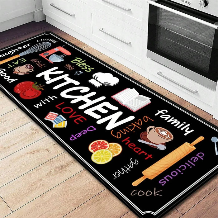 Bedruckte Küchenmatte mit Kitchen-Schriftzug aus Kristallsamt für Küche, Flur und Waschküche – 40 × 60 bis 60 × 180 cm, 4 mm dick, waschbar