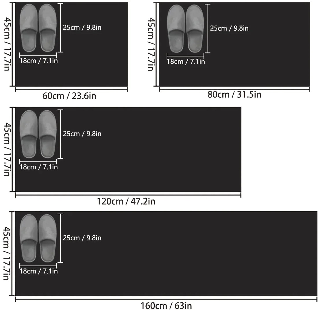 Lange Küchenmatte mit Linienmuster für Küche, Bad und Eingang – 45 × 60 bis 45 × 160 cm, schnell trocknend, rutschfest, Gummirücken, Schwarz