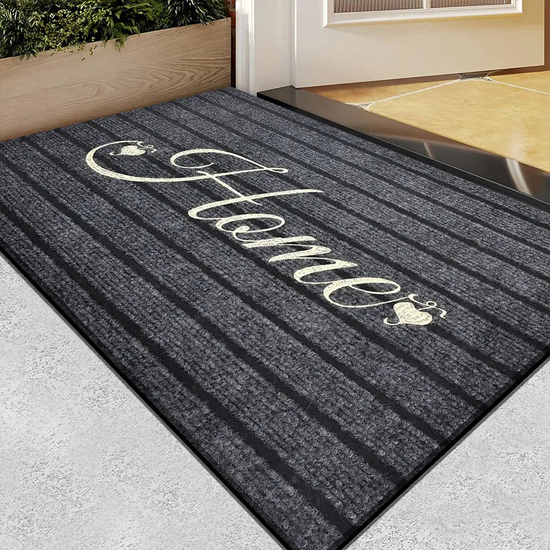 Gestreifte Fußmatte mit gesticktem Home-Schriftzug für Haustür, Eingang und Badezimmer – 40 × 60 oder 50 × 80 cm, Polyester, rutschfest, 5 Varianten