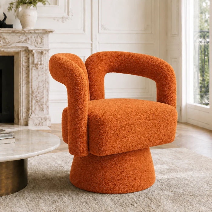 Drehbarer Bouclé-Sessel mit runder Form und breiten Armlehnen für Wohnzimmer und Schlafzimmer – 360° drehbar, 67 × 55 × 74 cm, 4 Farben