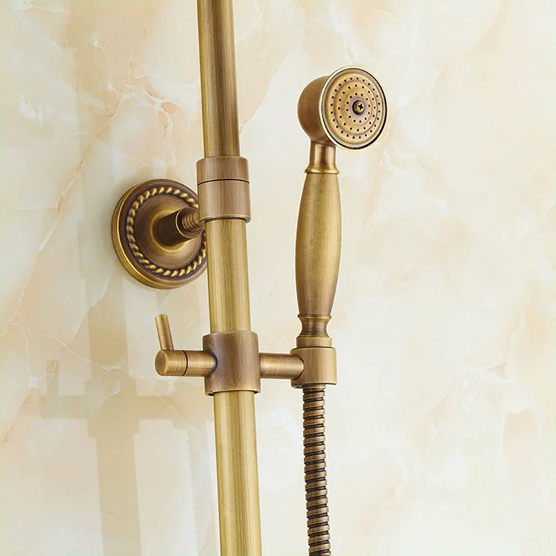 Duschset aus Messing im Vintage-Stil zur Wandmontage im Badezimmer – 3 Funktionen, Regendusche, Handbrause, Abwärtsbrause, höhenverstellbar