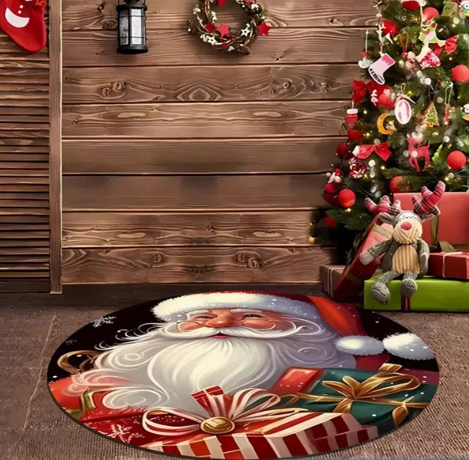 Runder Weihnachtsteppich mit Weihnachtsmann und Schneeflocken für Wohnzimmer und Spielzimmer – Ø 40 bis 120 cm, Flanell, rutschfest, 4 Motive