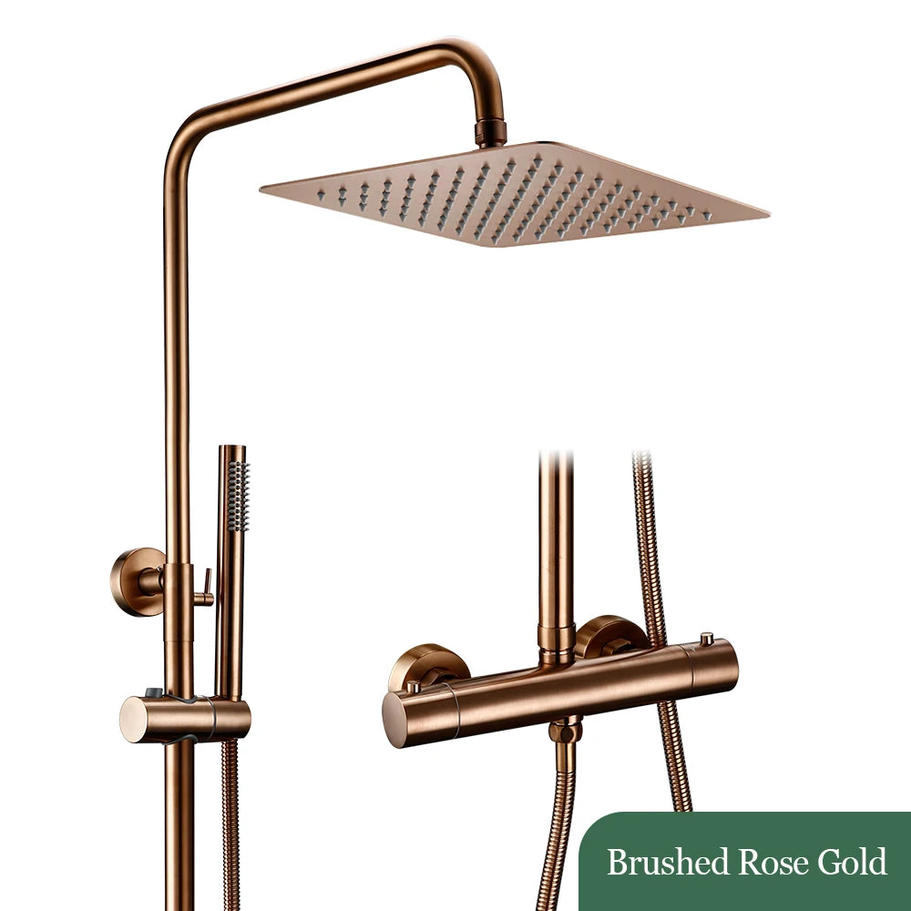 Thermostat-Duschset aus Messing mit Handbrause zur Wandmontage im Badezimmer – quadratische Kopfbrause 20 bis 30 cm, Doppelknopf, 7 Farben