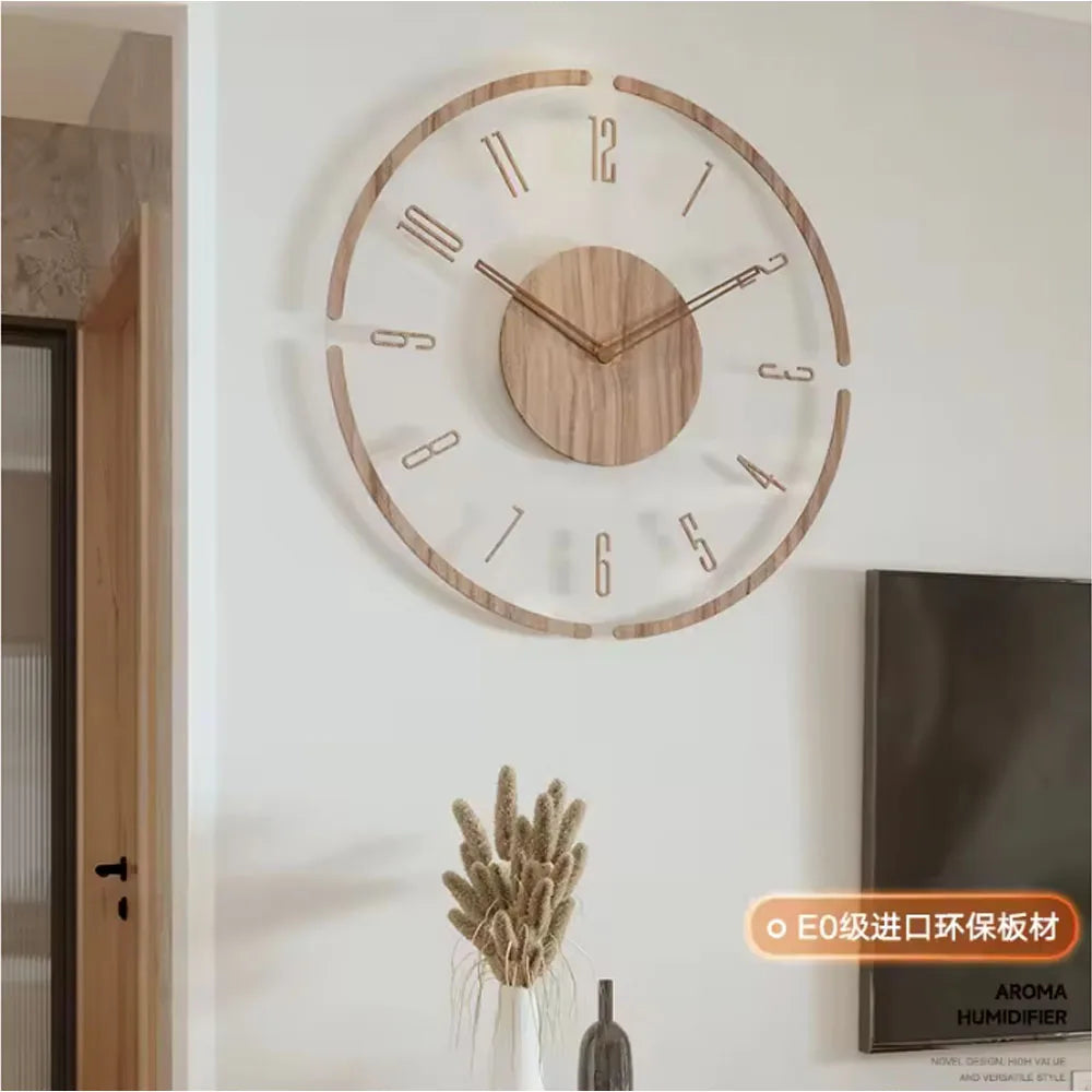 Wanduhr mit transparentem Acrylglas-Zifferblatt und Massivholz-Mitte im nordischen Stil für Wohnzimmer – 30, 35 oder 40 cm, rund, lautlos