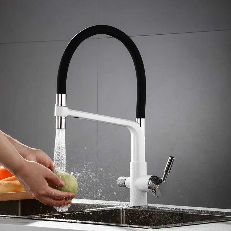 Küchenarmatur mit Doppelauslauf für gefiltertes Trinkwasser für die Küchenspüle – flexibler Schlauchbogen, 360° drehbar, Messing, 45 cm, 6 Farben