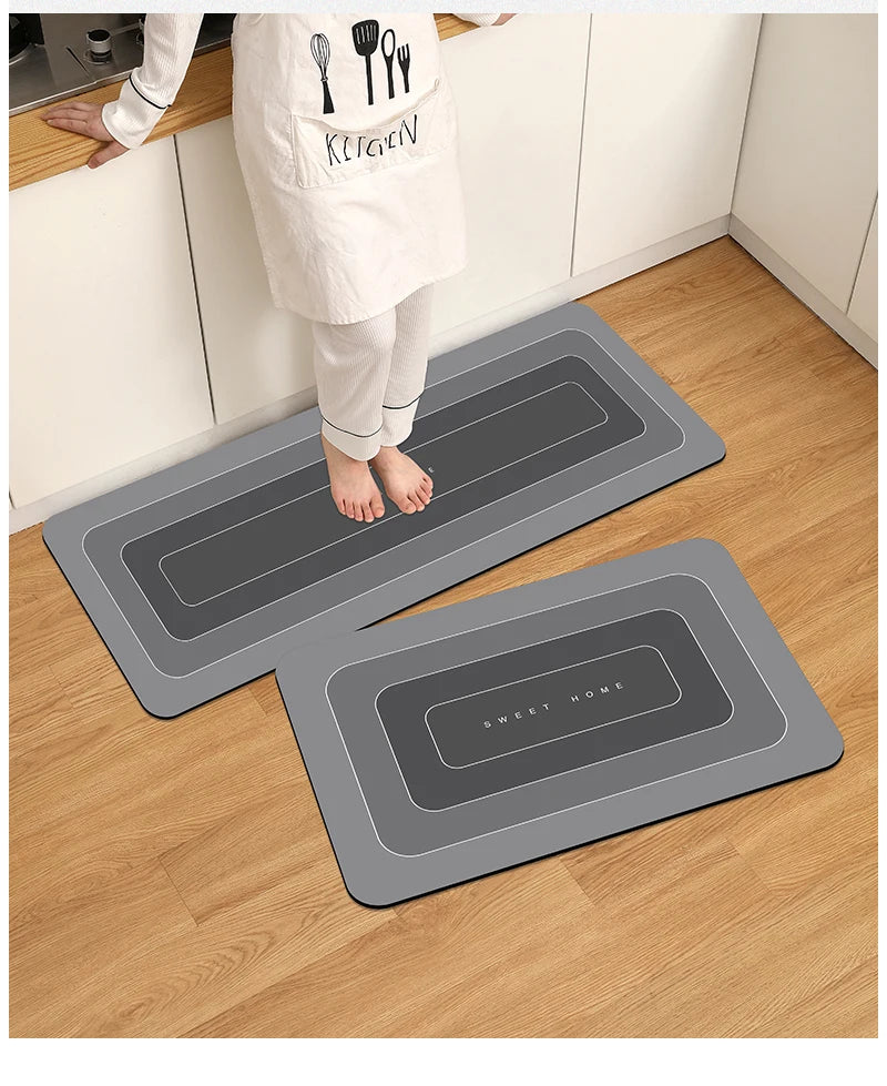 Küchenmatte in Grau mit abgestuftem Rahmenmuster für Küche und Eingang – 40 × 60 oder 50 × 160 cm, wasserdicht, rutschfest, Gummirücken