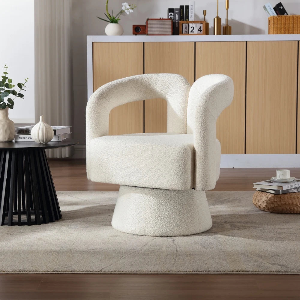 Drehbarer Bouclé-Sessel mit runder Form und breiten Armlehnen für Wohnzimmer und Schlafzimmer – 360° drehbar, 67 × 55 × 74 cm, 4 Farben