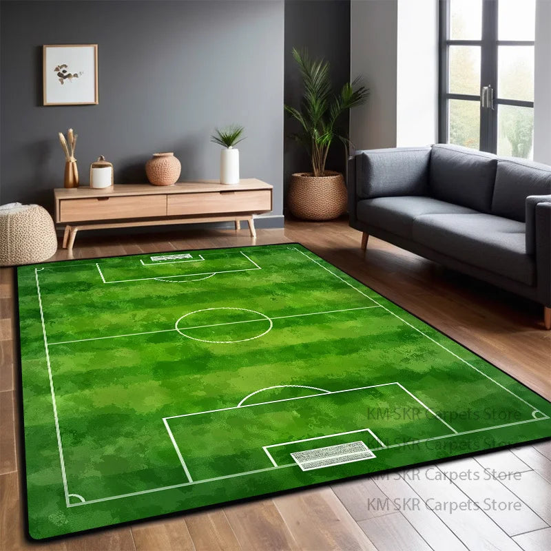 Bedruckter Flanell-Teppich im Fußballfeld-Design für Kinderzimmer und Wohnzimmer – 60 × 90 bis 200 × 400 cm, rechteckig, rutschfest, 13 Motive