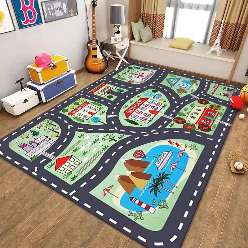 Kinderteppich mit Stadtplan und Straßen als Autospielmatte für Kinderzimmer und Spielzimmer – 80 × 120 bis 160 × 230 cm, rutschfest, 7 Motive