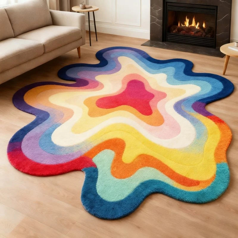 Bunter Teppich in Dopamin-Farben mit abstraktem Wellenmotiv für Schlafzimmer und Wohnzimmer – 80 × 80 bis 300 × 300 cm, unregelmäßige Form, 11 Motive
