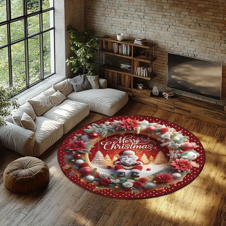 Runder Weihnachtsteppich mit Weihnachtsmann in 3D-Optik für Wohnzimmer und Eingang – Ø 40 bis 120 cm, Flanell, rutschfest, waschbar, 8 Motive