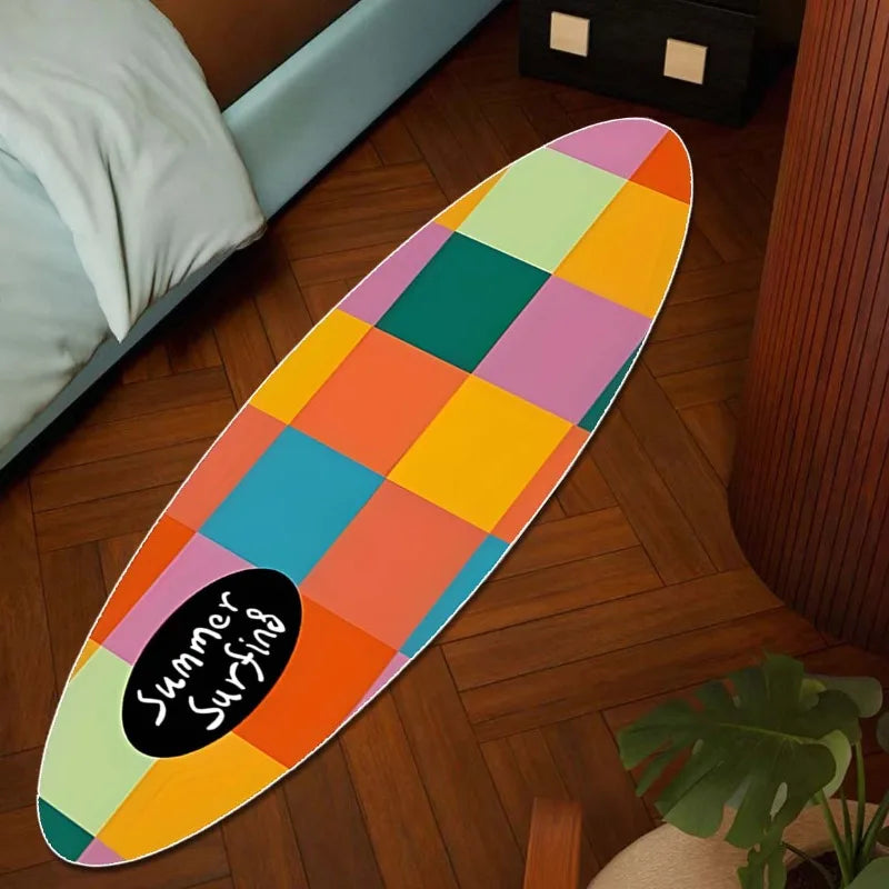 Teppich in Surfbrett-Form mit Schachbrettmuster als Bettvorleger für Schlafzimmer und Wohnzimmer – 40 × 120 bis 60 × 180 cm, Flanell, rutschfest