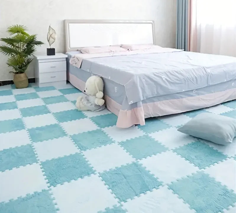 Flauschige Plüsch-Puzzlematten aus Schaumstoff für Wohnzimmer, Schlafzimmer und Spielbereich – quadratisch, 4 oder 12 Stück, stapelbar, 17 Farben