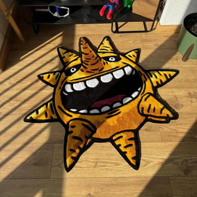 Kreativer Sonnen-Teppich im Anime-Stil in Orange für Wohnzimmer, Schlafzimmer und Jugendzimmer – 50 × 50 bis 120 × 120 cm, Sonderform, rutschfest