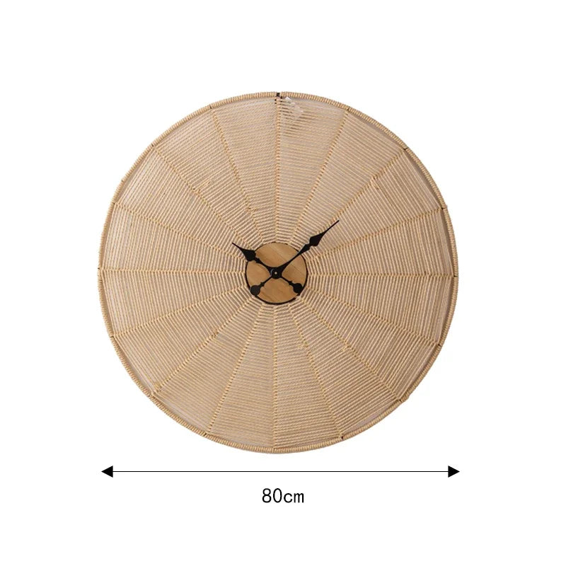 Rattan-Wanduhr im japanischen Stil aus Holz, Seil und Eisen für das Wohnzimmer – 60 × 60 oder 80 × 80 cm, rund, geräuschloses Quarzwerk
