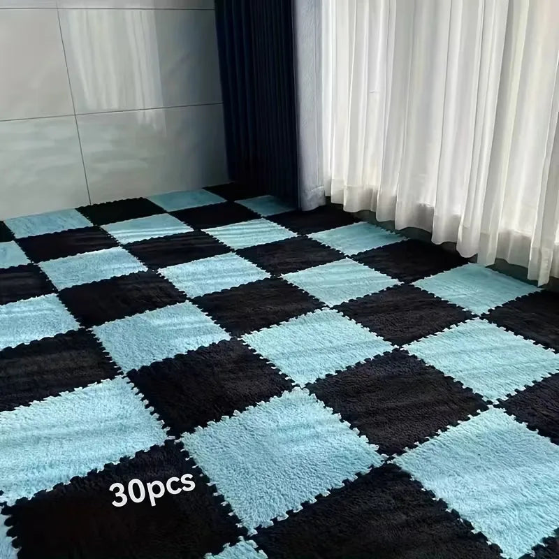 Plüsch-Puzzlematte in Zweifarb-Kombinationen für Wohnzimmer und Spielzimmer – 30 × 30 × 1 cm, BPA-frei, rutschfest, 4 bis 20 Platten, 9 Farben