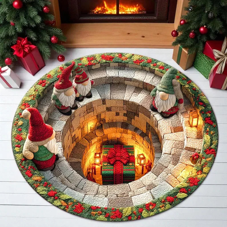 Runder Weihnachtsteppich mit Wichtel in 3D-Optik für Wohnzimmer und Haustür – Ø 40 bis 120 cm, Flanell, rutschfest, waschbar, 6 Motive