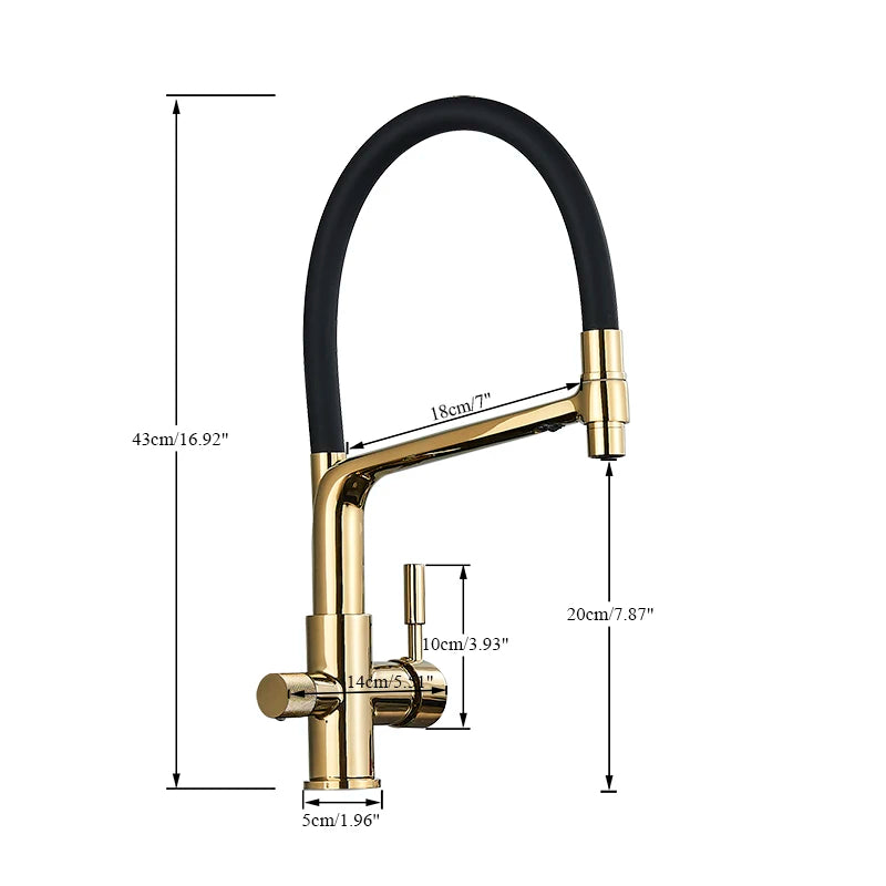 Küchenarmatur mit Doppelauslauf für gefiltertes Trinkwasser für die Küchenspüle – flexibler Schlauchbogen, 360° drehbar, Messing, 45 cm, 6 Farben
