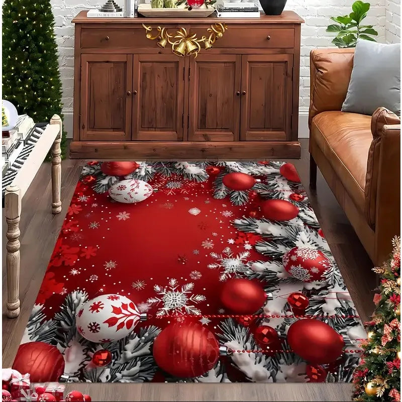 Weihnachtsteppich in Rot mit Christbaumkugeln, Tannenzweigen und Schneeflocken für Wohnzimmer und Haustür – 40 × 60 bis 120 × 160 cm, rutschfest