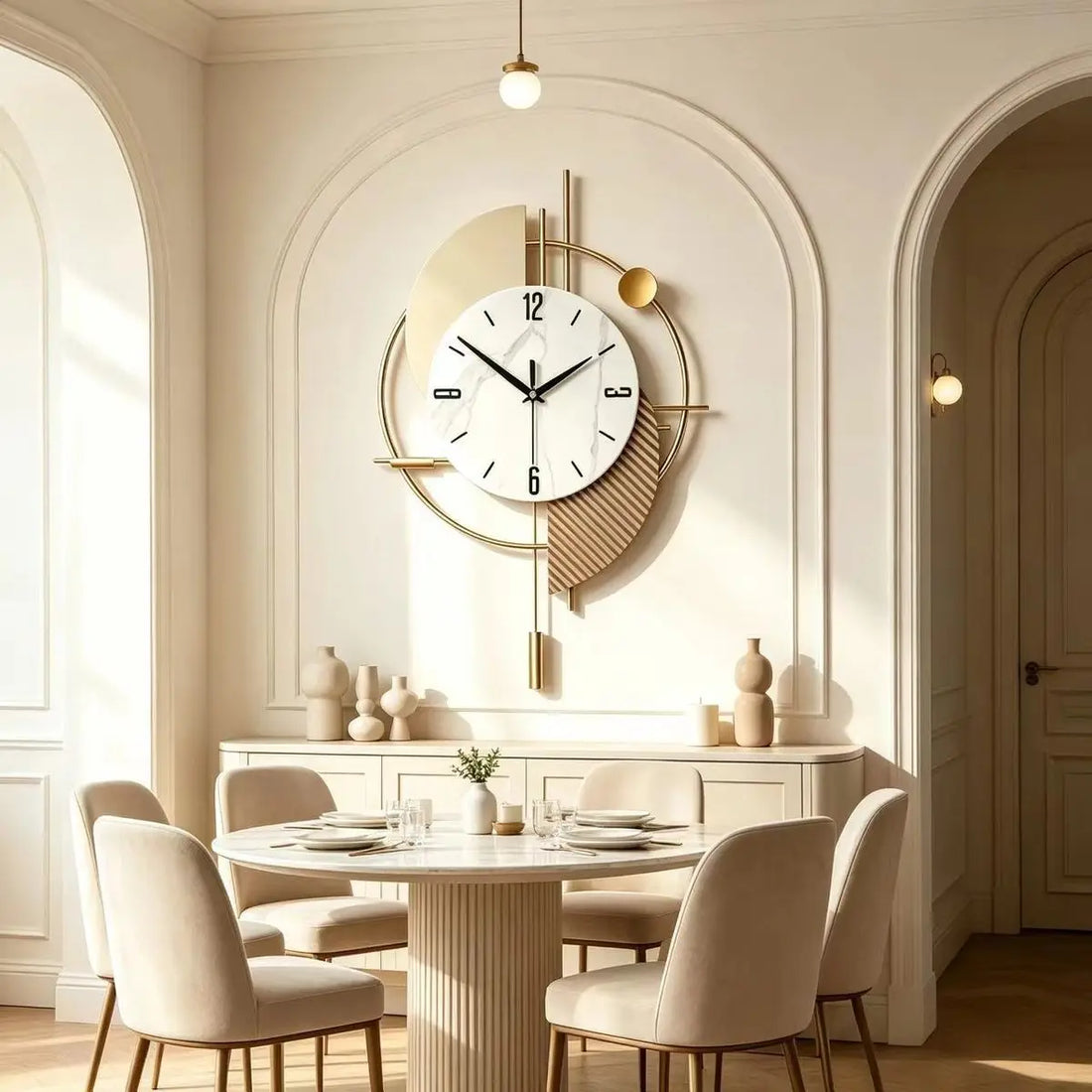 Wanduhr aus Metall mit Pendel für Wohnzimmer und TV-Wand – 52 × 34 cm, geometrisch, rundes Zifferblatt, geräuschloses Quarzwerk, 2 Modelle