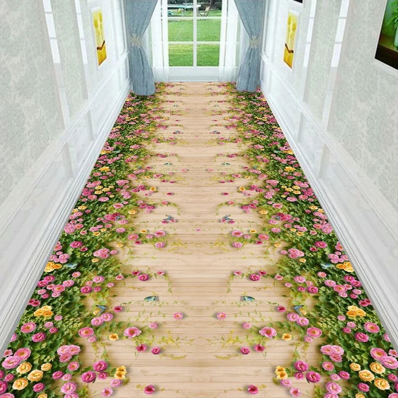 Läufer mit 3D-Blumen- und Landschaftsmotiv für Flur, Wohnzimmer und Eingang – 60 × 200 bis 90 × 400 cm, Kristallsamt, rutschfest, 16 Motive