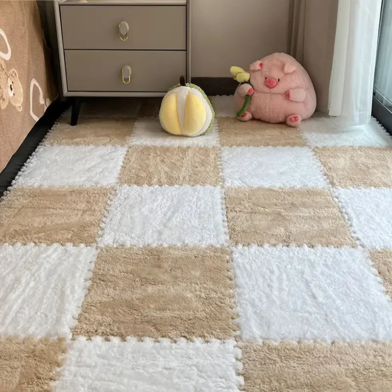 Flauschige Plüsch-Puzzlematten aus Schaumstoff für Wohnzimmer, Schlafzimmer und Spielbereich – quadratisch, 4 oder 12 Stück, stapelbar, 17 Farben