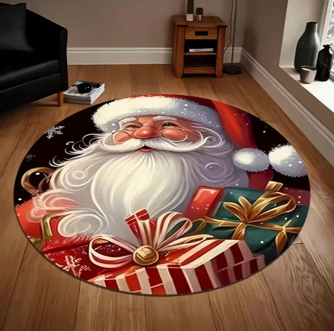 Runder Weihnachtsteppich mit Weihnachtsmann und Schneeflocken für Wohnzimmer und Spielzimmer – Ø 40 bis 120 cm, Flanell, rutschfest, 4 Motive