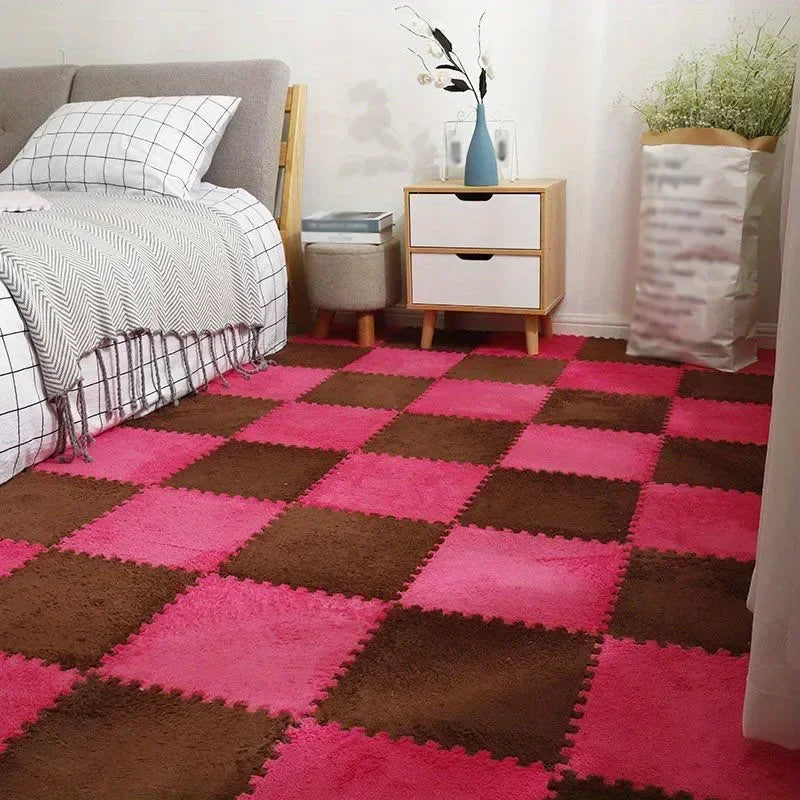 Flauschige Plüsch-Puzzlematten aus Schaumstoff zum Zusammenstecken fürs Wohnzimmer – je 30 × 30 cm, quadratisch, ineinandergreifend, 1 bis 16 Stück