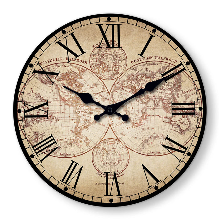 Holz-Wanduhr mit antiker Weltkarte und römischen Ziffern im Vintage-Stil für Wohnzimmer, Schlafzimmer und Küche – 24,7 bis 39,5 cm, rund, lautlos