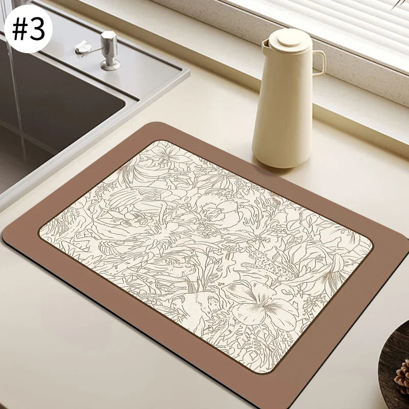 Saugfähige Abtropfmatte für Geschirr, Tassen und Flaschen auf der Küchenarbeitsplatte – 30 × 40 bis 40 × 60 cm, Gummirückseite, rutschfest, 17 Motive