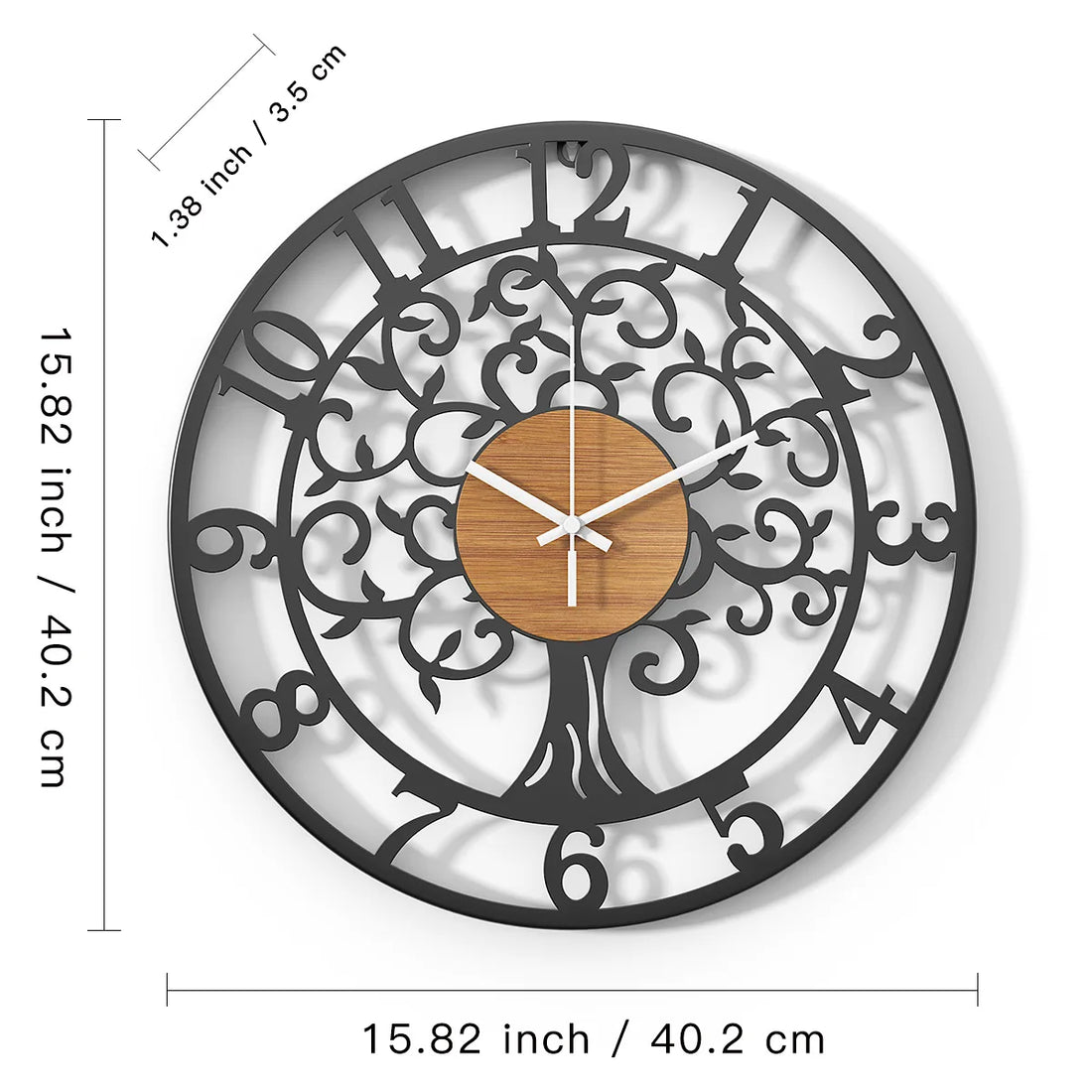 Wanduhr aus Eisen mit Lebensbaum-Motiv als Wandkunst für Wohnzimmer und Schlafzimmer – Ø 30 bis 40 cm, rund, geräuschlos, Schwarz