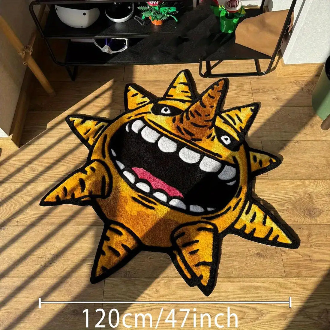 Kreativer Sonnen-Teppich im Anime-Stil in Orange für Wohnzimmer, Schlafzimmer und Jugendzimmer – 50 × 50 bis 120 × 120 cm, Sonderform, rutschfest