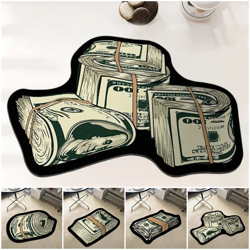 Teppich in Form von Dollar-Geldbündeln für Schlafzimmer, Wohnzimmer und Eingang – 40 × 60 bis 80 × 120 cm, Sonderform, rutschfeste Noppen, 9 Motive