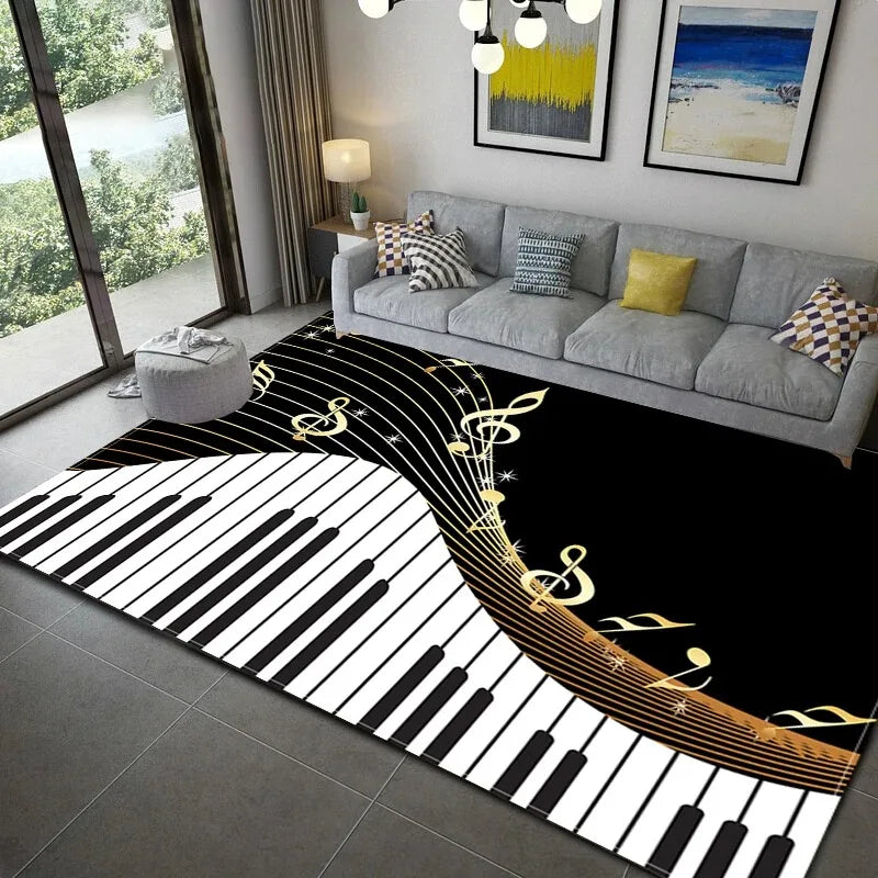 Teppich mit Musik-Motiv aus Klavier und Noten für Wohnzimmer, Schlafzimmer und Flur – 40 × 60 bis 120 × 160 cm, rechteckig, rutschfest, 21 Motive