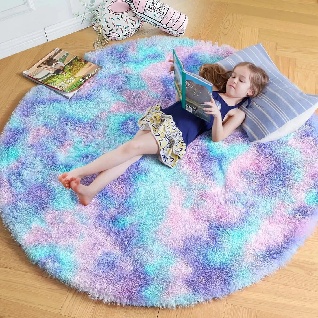 Runder Shaggy-Teppich für Mädchenzimmer, Kinderzimmer und Spielzimmer – Ø 60 bis 180 cm, flauschig, rutschfest, fusselfrei, 8 Farben