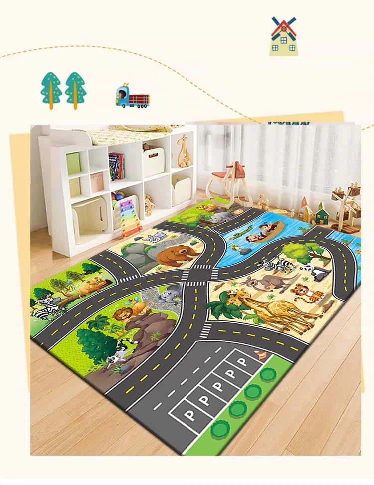 Spielteppich mit Straßen- und Landebahn-Motiv für Spielbereich und Wohnzimmer – 40 × 60 bis 160 × 230 cm, rutschfest, waschbar, 10 Motive