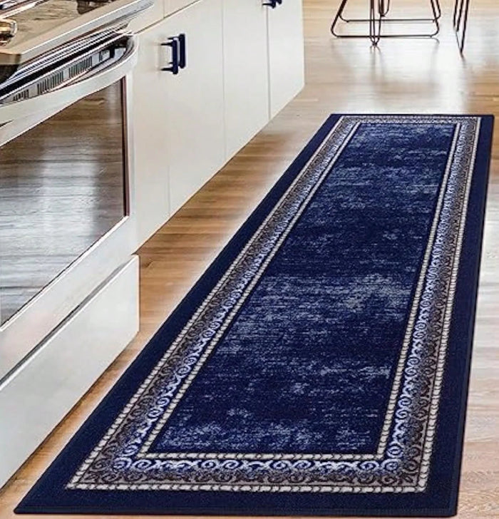 Blauer Teppichläufer mit abstraktem Vintage-Muster für Flur, Küche und Wohnzimmer – 40 × 120 oder 50 × 150 cm, minimalistisch, rutschfest, 4 Motive