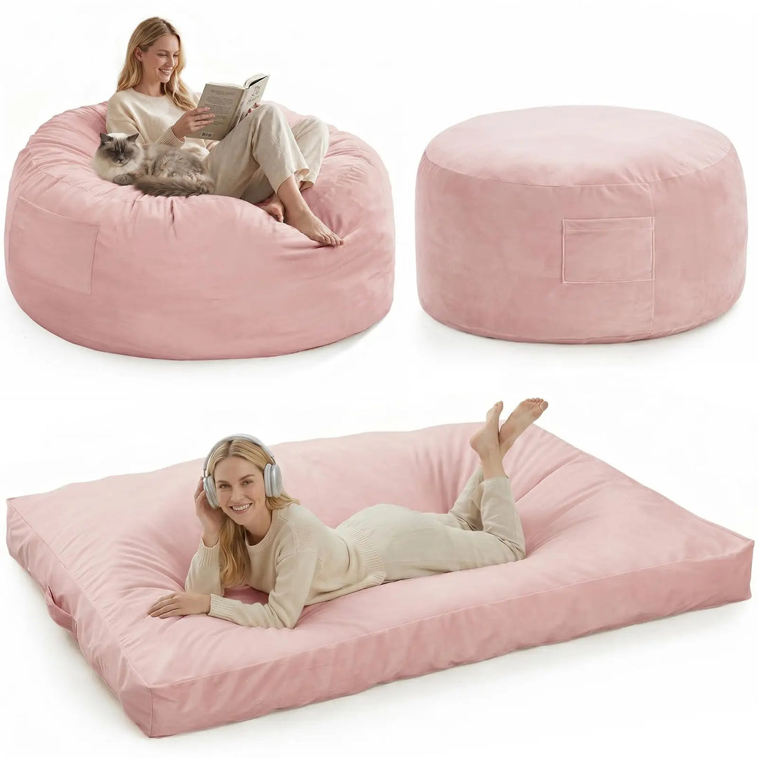 3-in-1-Sitzsack als Sessel, Liege und Bodenbett mit Memory-Schaum für Wohnzimmer und Gaming – 112 × 112 × 70 cm, waschbarer Flanellbezug, 7 Farben