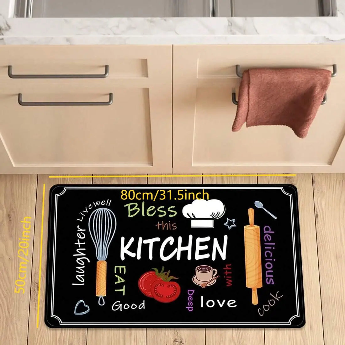 Bedruckte Küchenmatte mit Kitchen-Schriftzug aus Kristallsamt für Küche, Flur und Waschküche – 40 × 60 bis 60 × 180 cm, 4 mm dick, waschbar