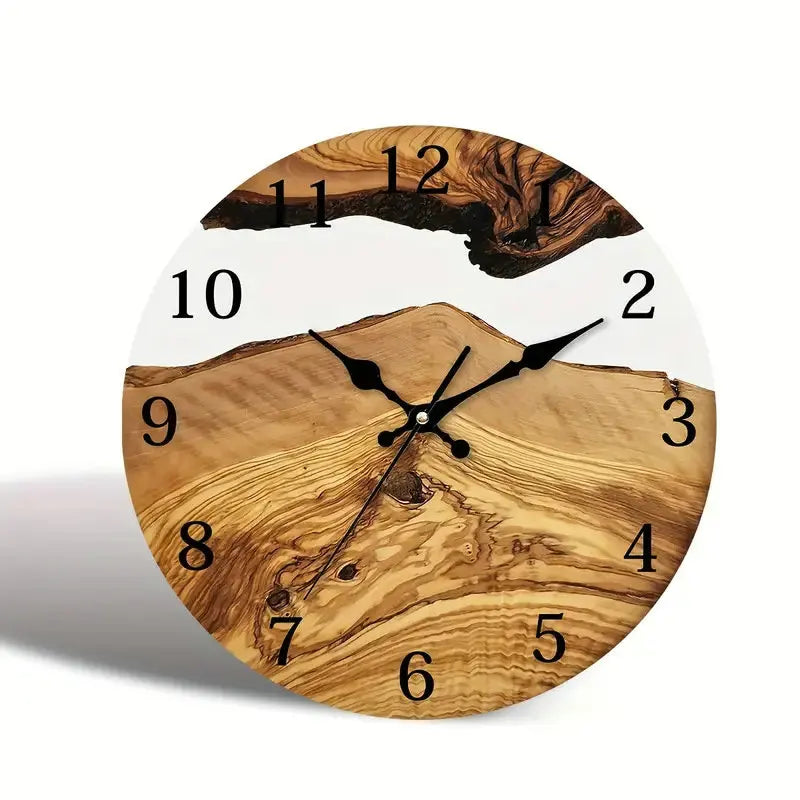 Wanduhr aus Glas mit Holzmaserung und weißen Flächen im Kunst-Design für Wohnzimmer und Flur – 30 cm (12 Zoll), rund, lautlos, 4 Motive