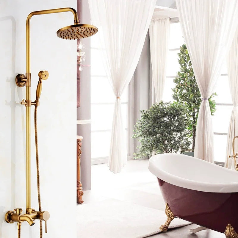 Duschset aus Messing im Vintage-Stil zur Wandmontage im Badezimmer – 3 Funktionen, Regendusche, Handbrause, Abwärtsbrause, höhenverstellbar
