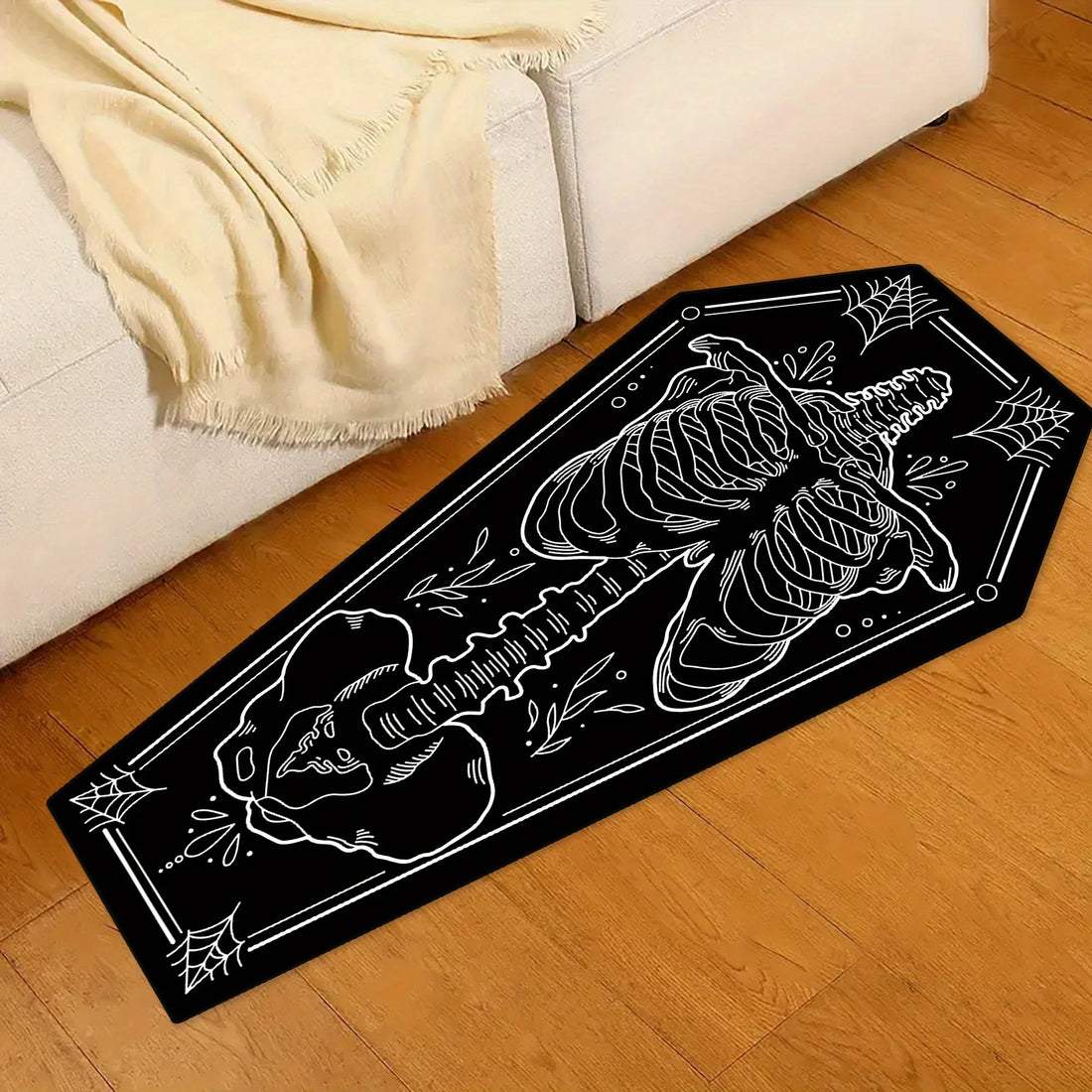 Teppich in Sargform mit Skelett-Motiv im Gothic-Stil für Wohnzimmer, Schlafzimmer und Halloween – 40 × 120 bis 60 × 180 cm, weich, rutschfest